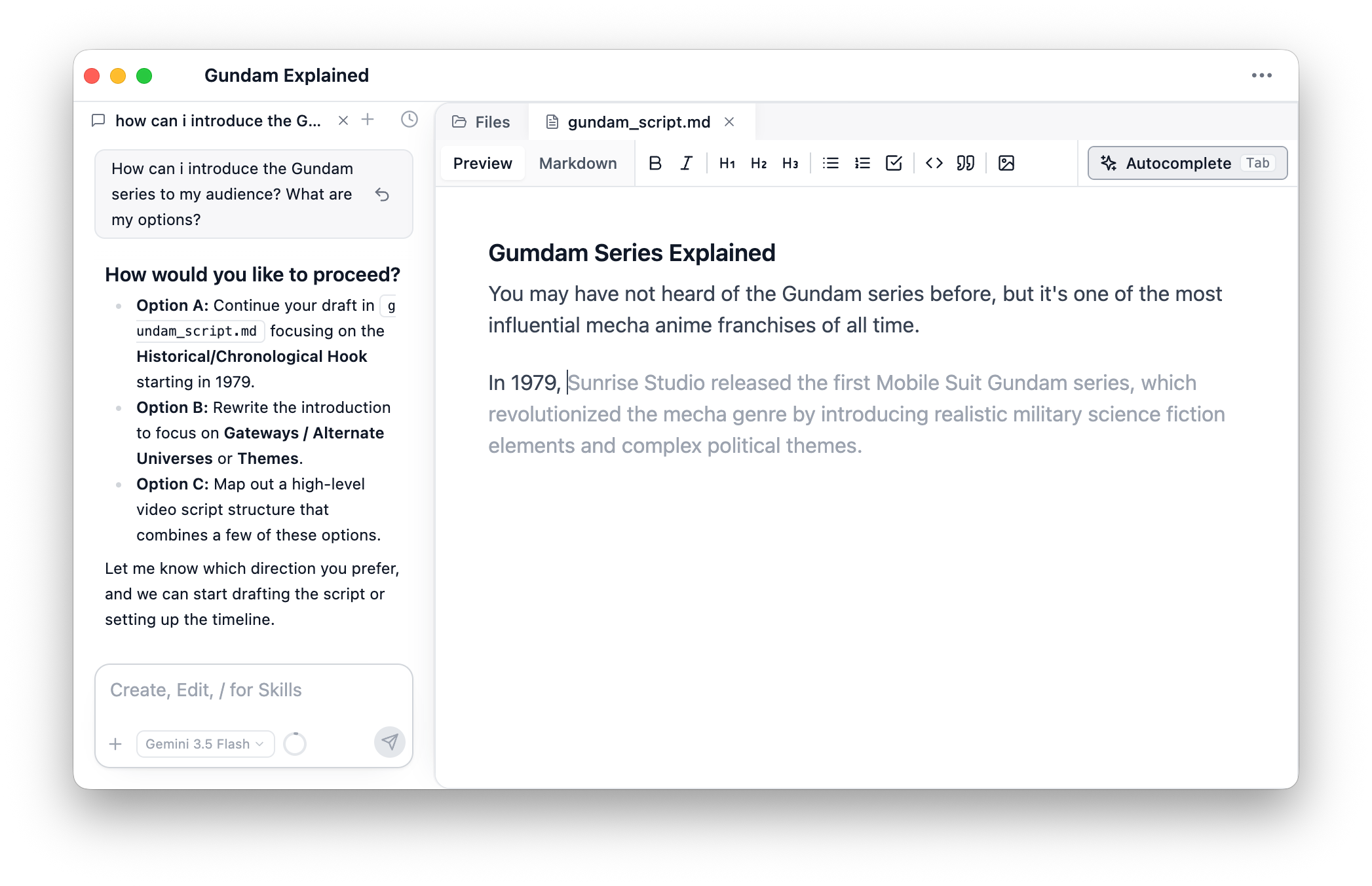 Zoea agent chat with Gundam script outline and markdown editor side by side