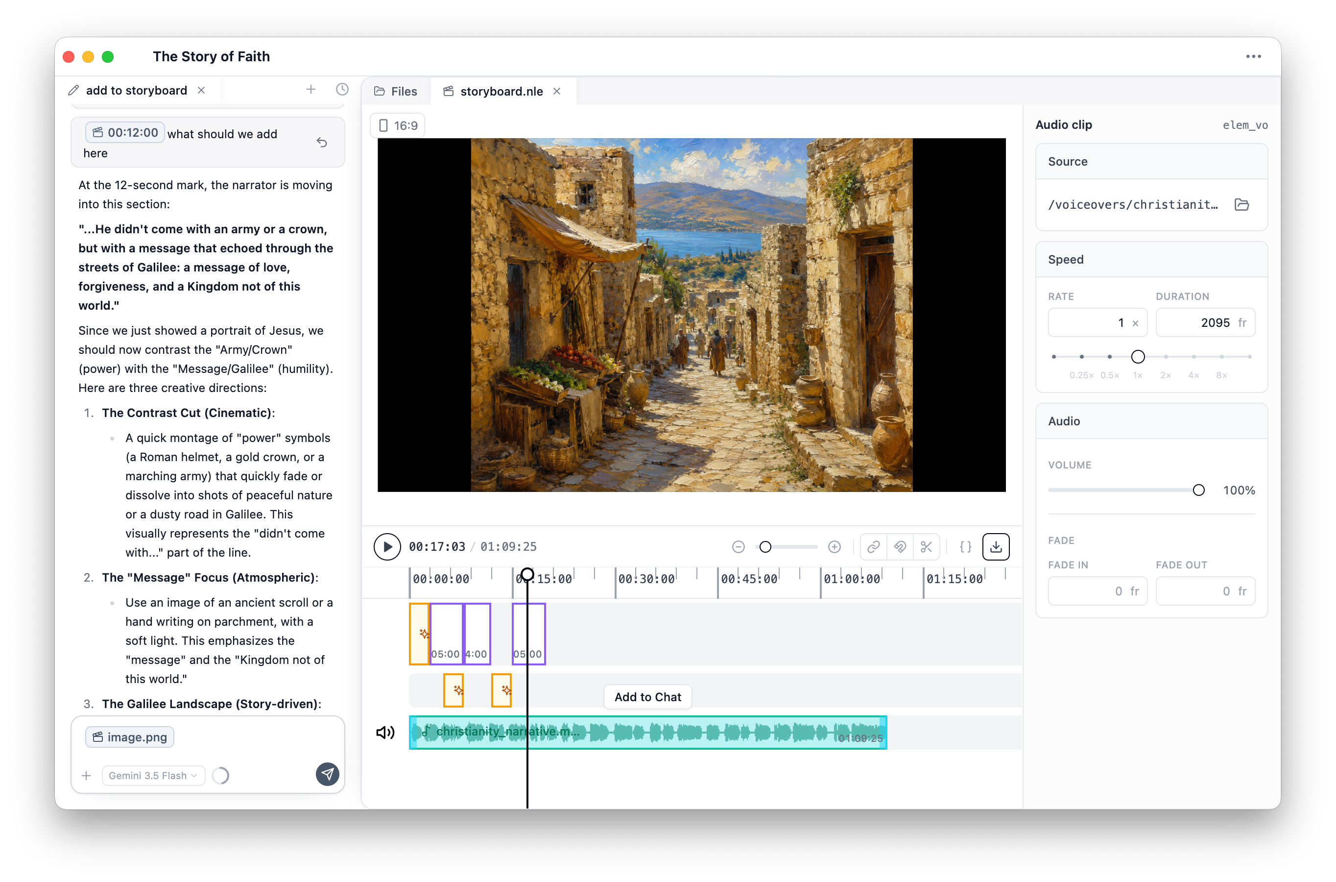Zoea desktop app editing a faith documentary with AI chat, video preview, and timeline