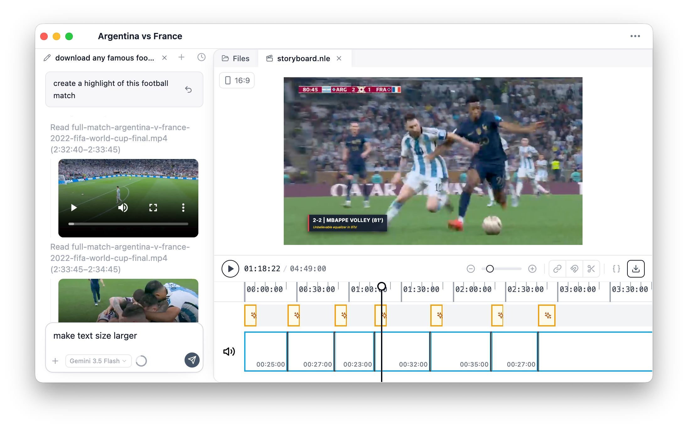 Soccer match highlight reel with key goals extracted from full match footage
